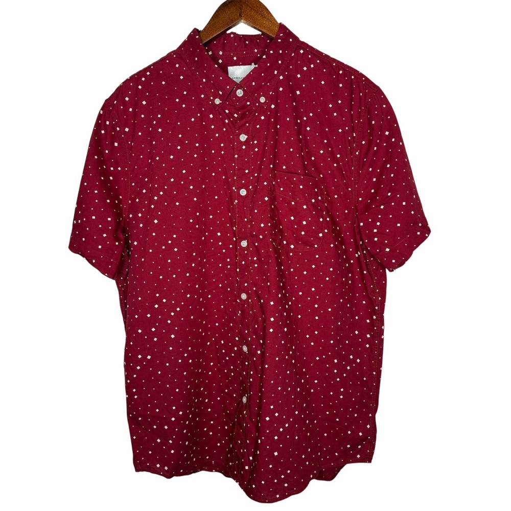 American Eagle Mens Button Down Shirt Short Sleeve‎ Red Diamond Print Sz XL